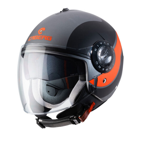 Casco jet Caberg Riviera V3 Sway antracite opaco – nero – arancione fluo