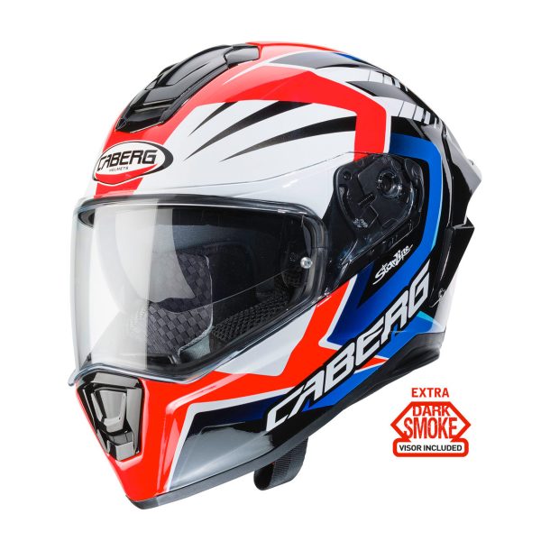 Casco integrale Caberg Drift Evo MR55 bianco – rosso fluo – blu disegnata da Starline
