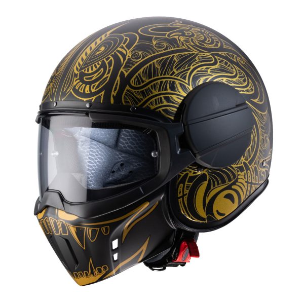 Casco jet Caberg Ghost Maori con maschera removibile nero opaco – oro